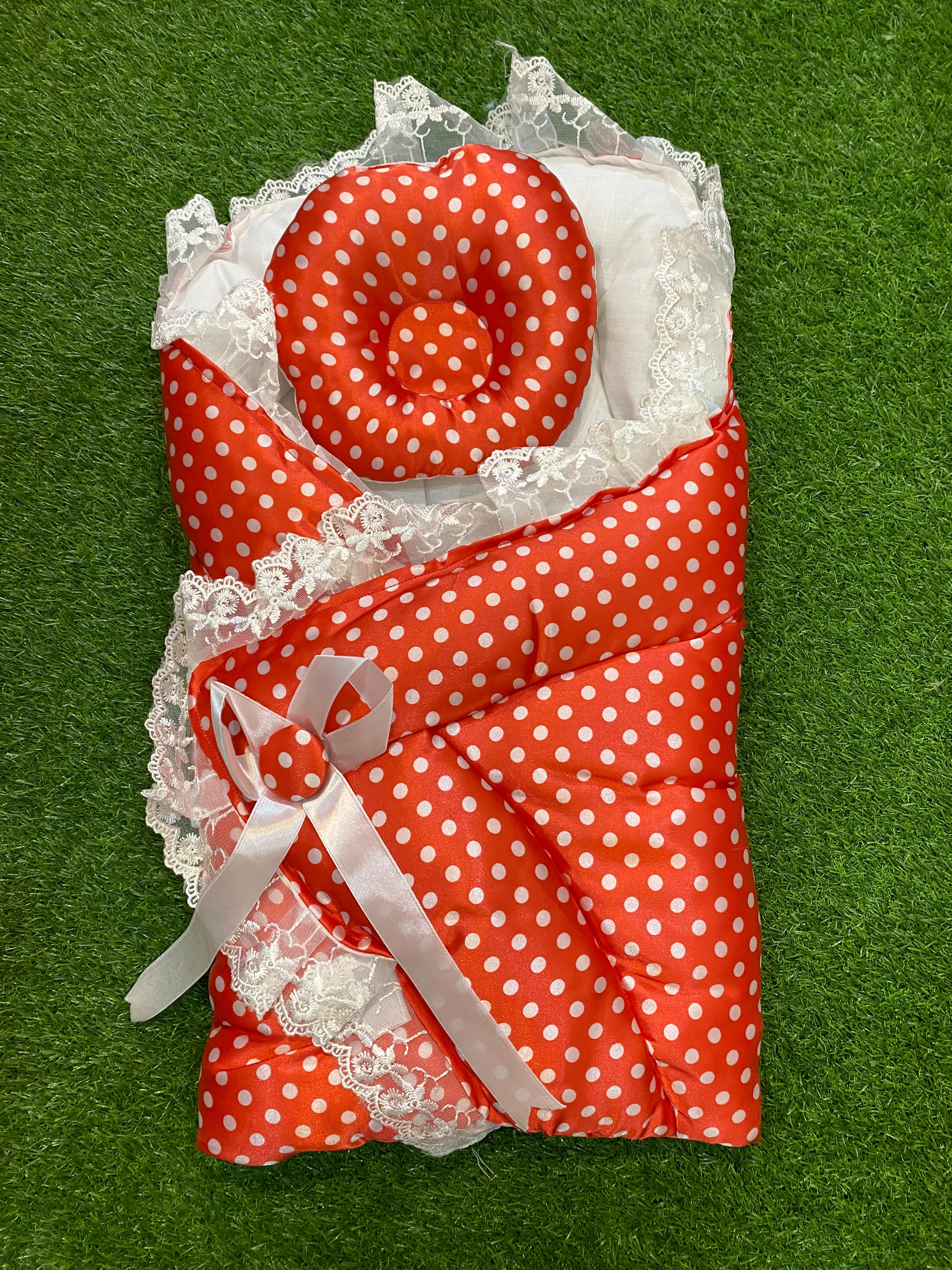 Newborn 2 Pcs Silk Baby Bed Set – Polka Dot Wrap & Pillow with Lace Detailing
