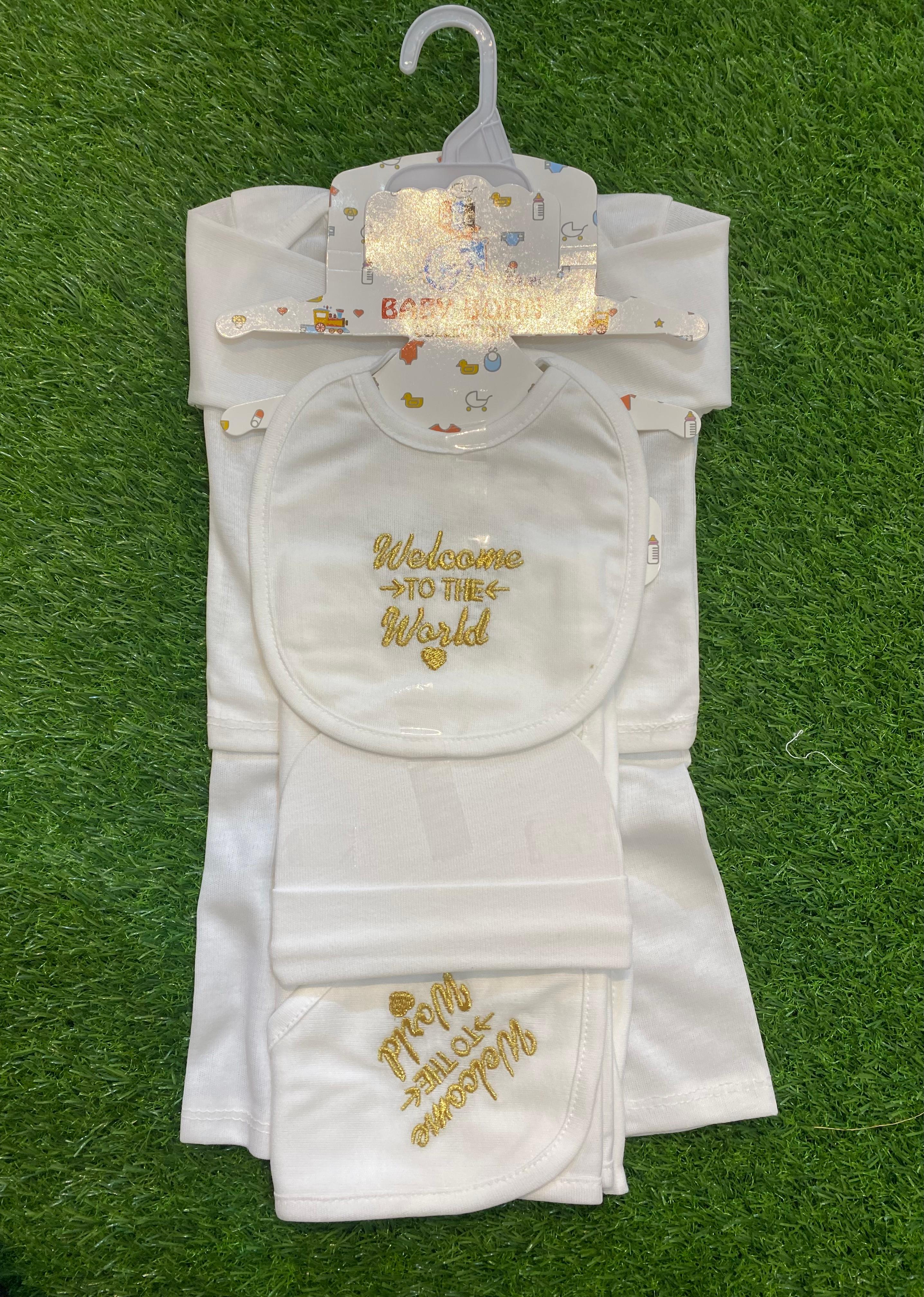 Newborn Baby 5 Pcs Starter Set – “Welcome to the World” Plain