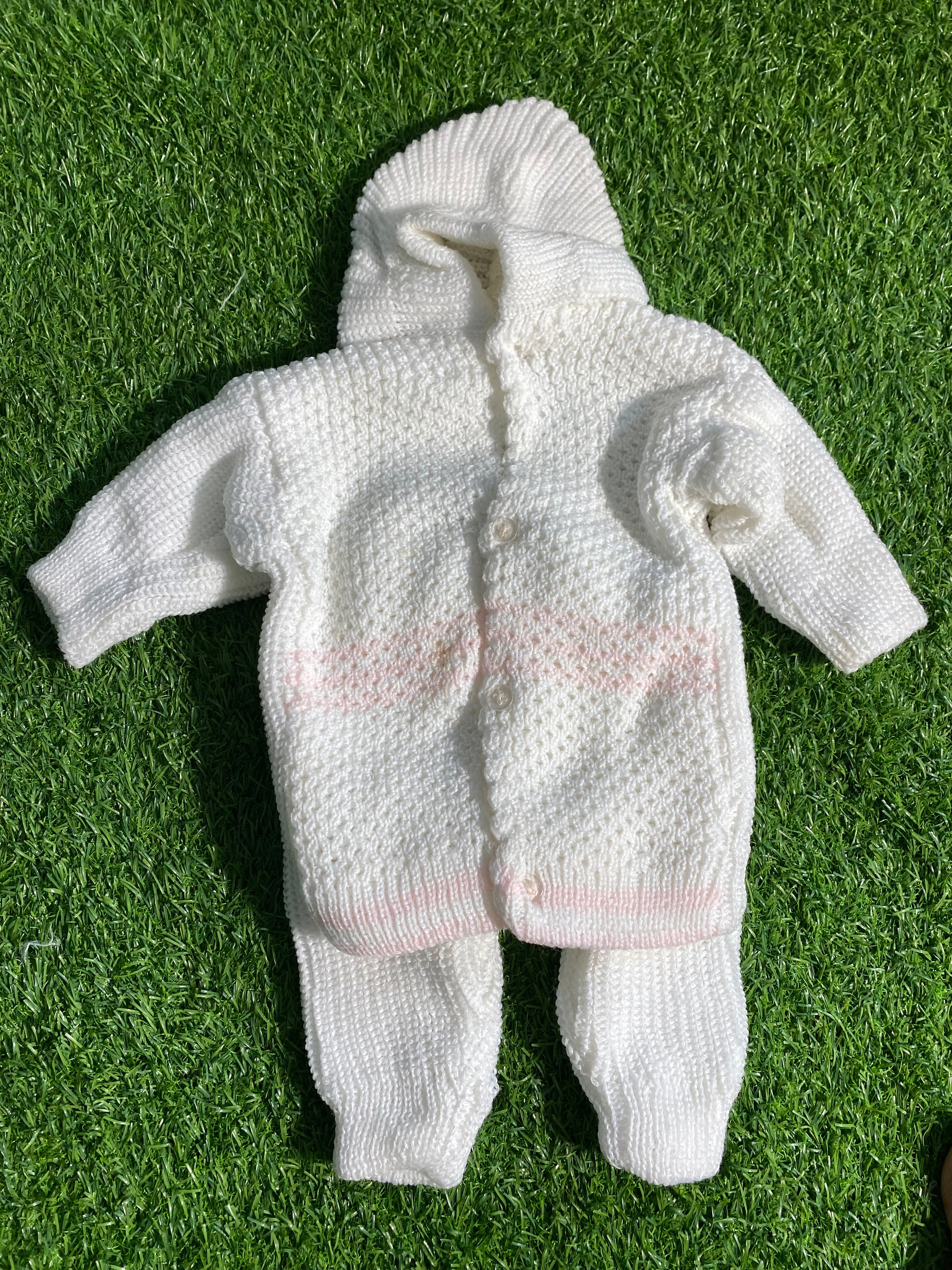 Handmade Knitted Baby Suit – 2 Pcs Hooded Sweater & Pajama (Peach & Blue Stripes) and multiple colors