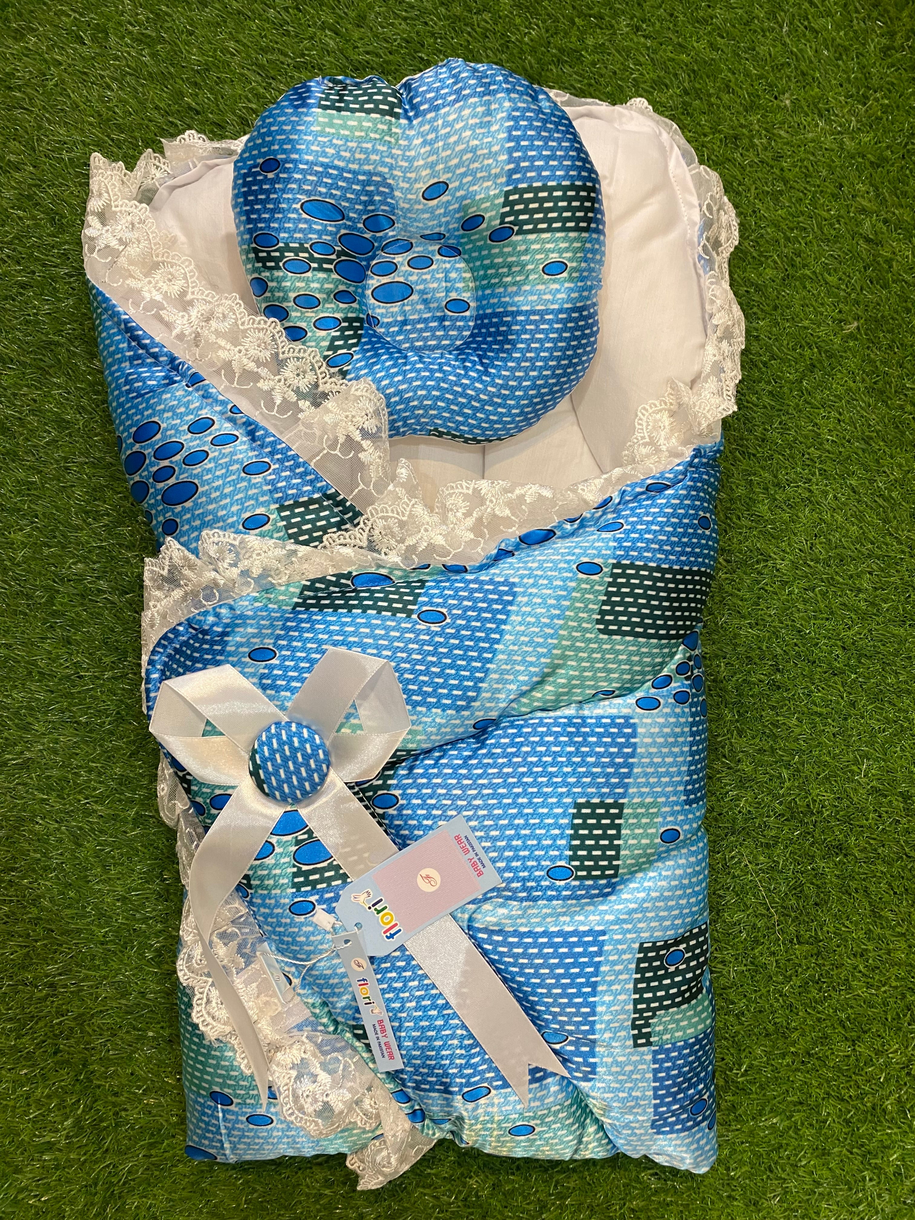 Newborn 2 Pcs Silk Baby Bed Set – Polka Dot Wrap & Pillow with Lace Detailing