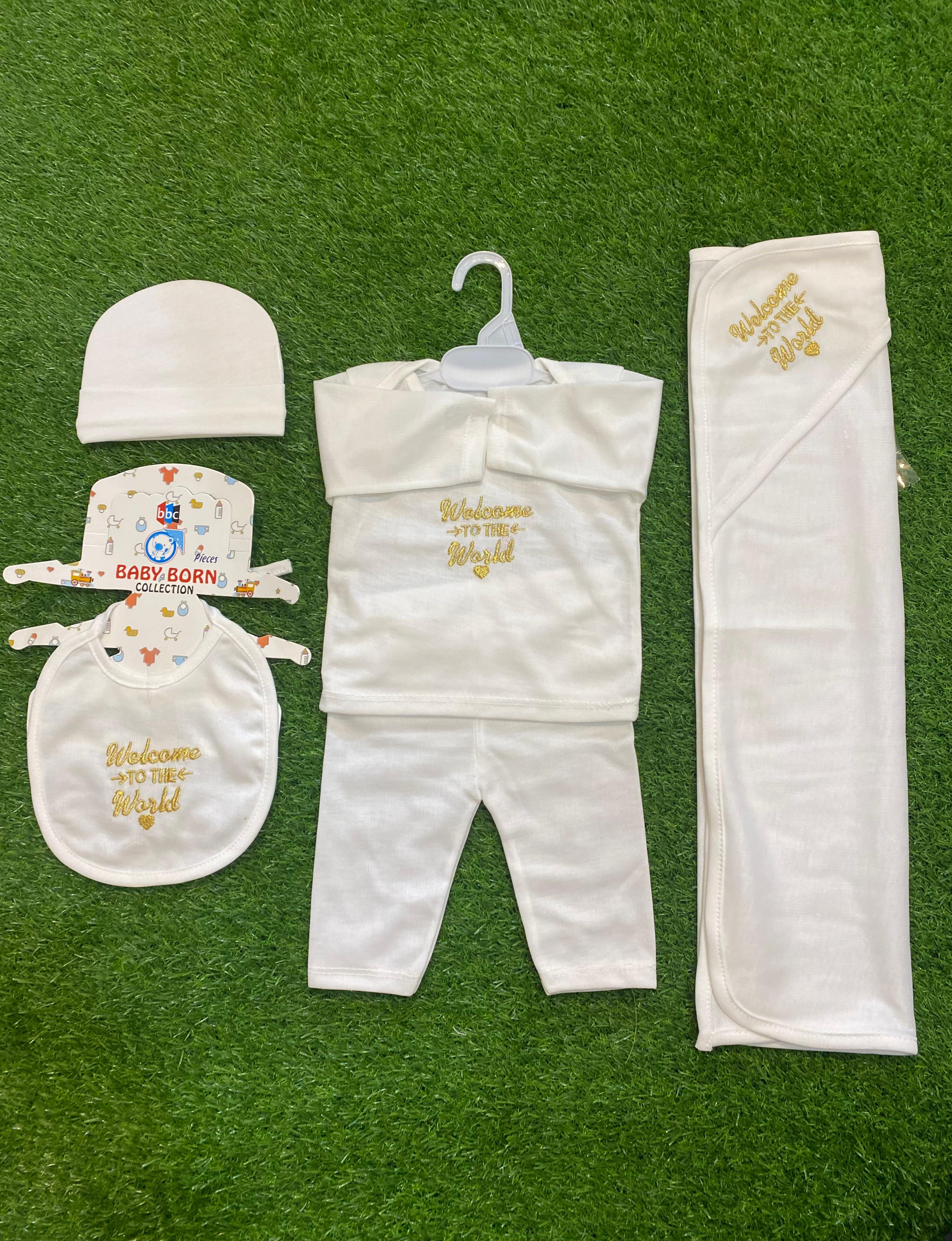 Newborn Baby 5 Pcs Starter Set – “Welcome to the World” Plain