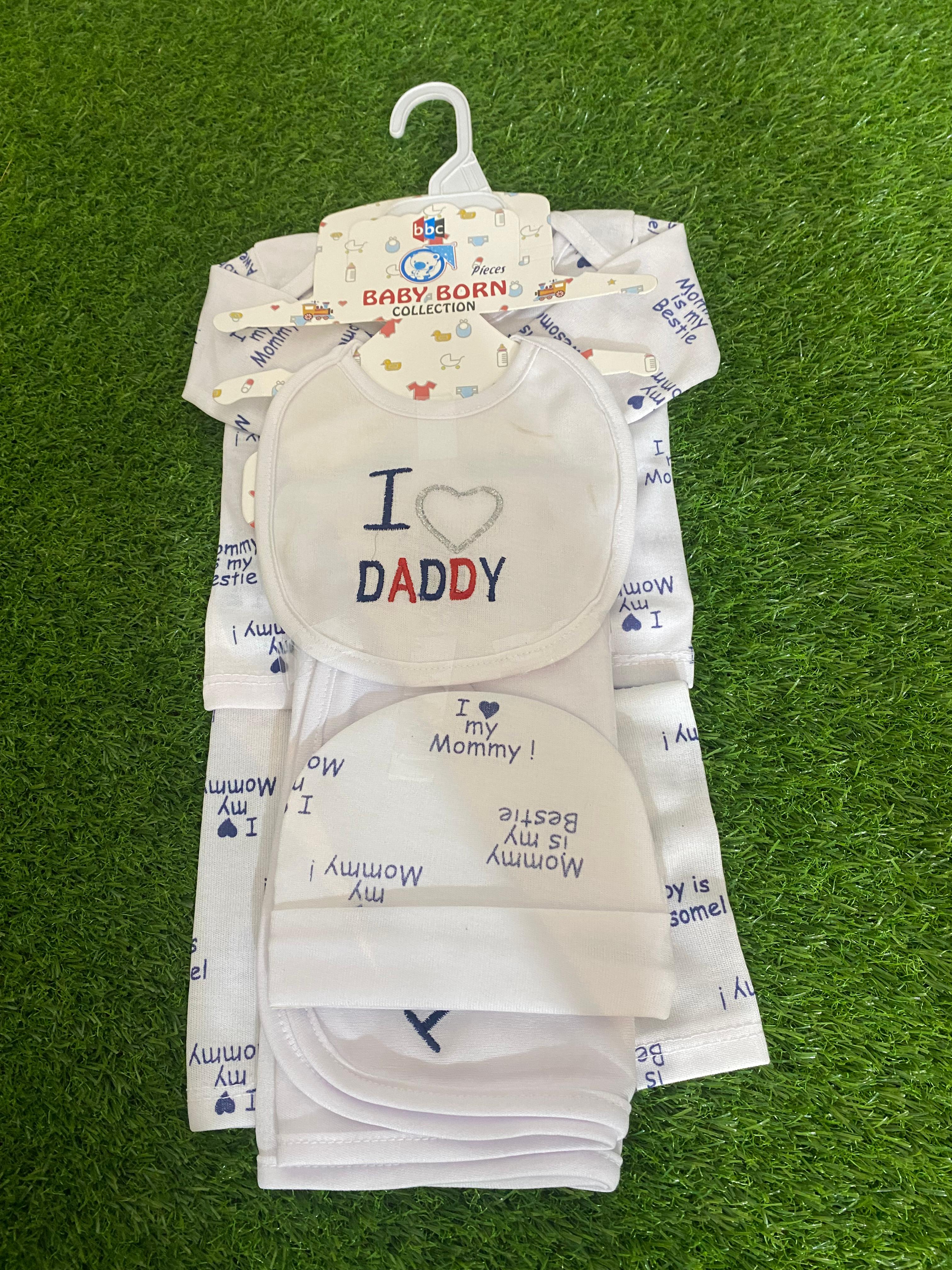 Newborn Baby 5 Pcs Starter Set – “I ❤️ Daddy & I ❤️ Mama”