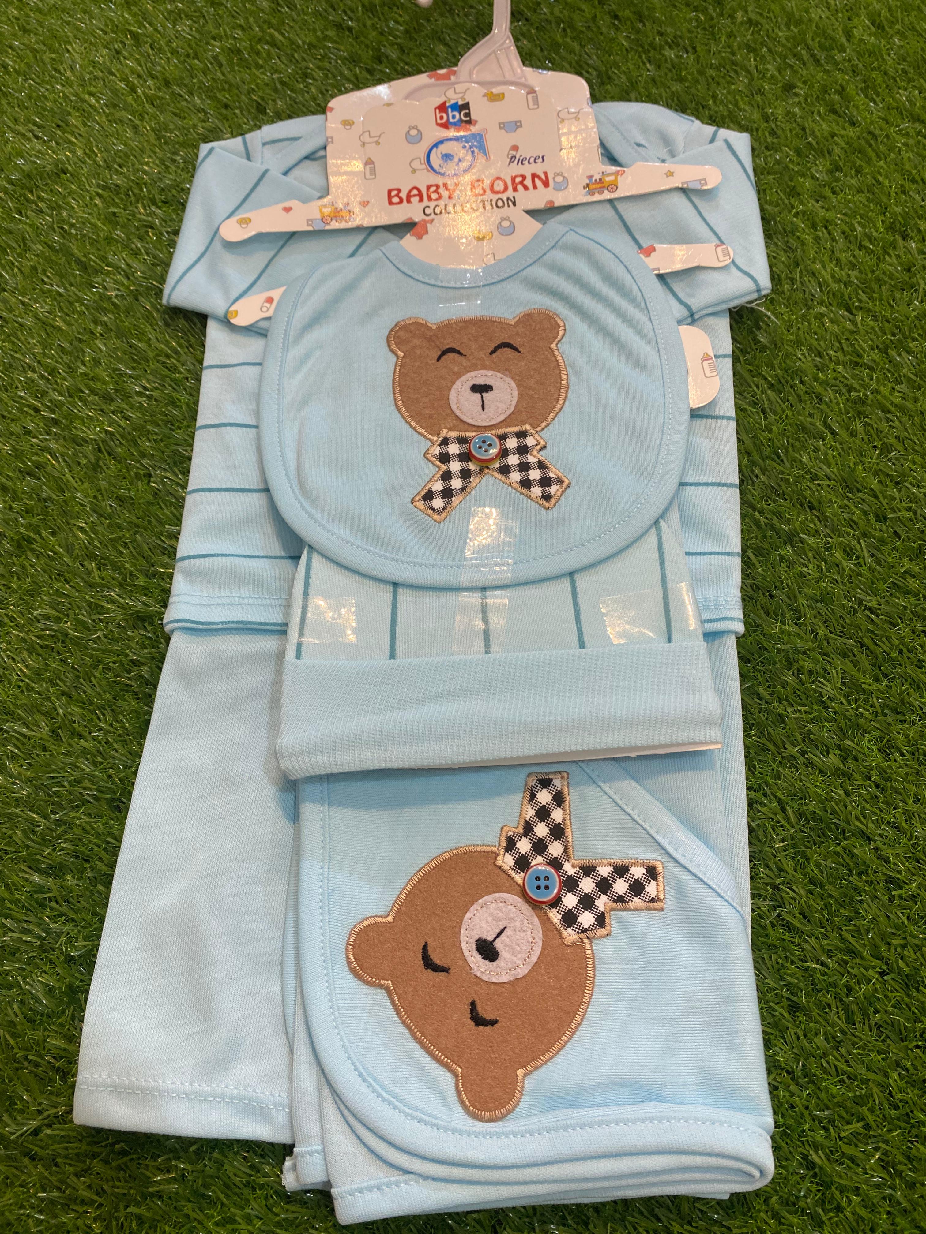 Newborn Baby 5 Pcs Starter Set – Cute Bear Embroidery Design 🐻✨