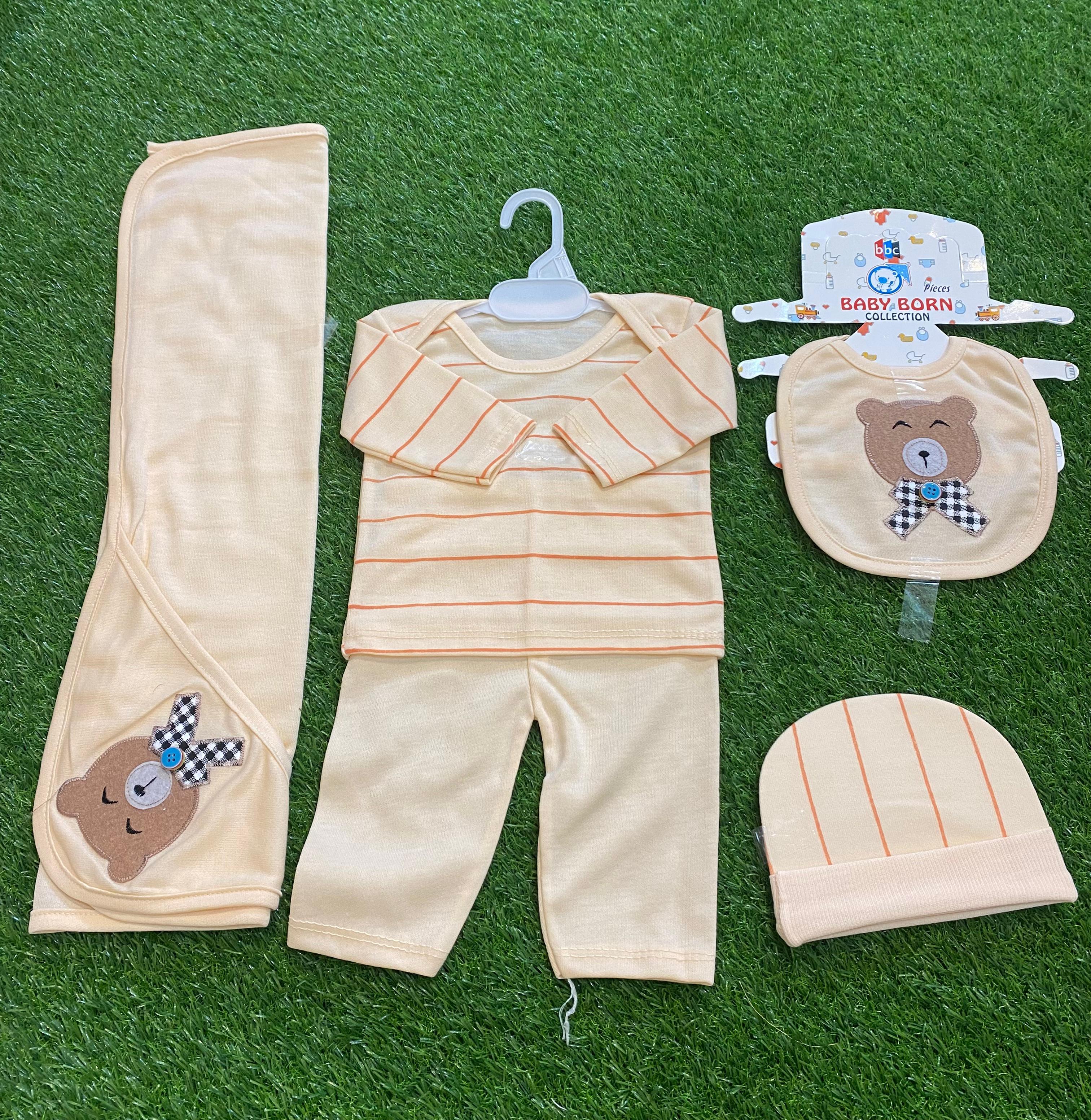 Newborn Baby 5 Pcs Starter Set – Cute Bear Embroidery Design 🐻✨