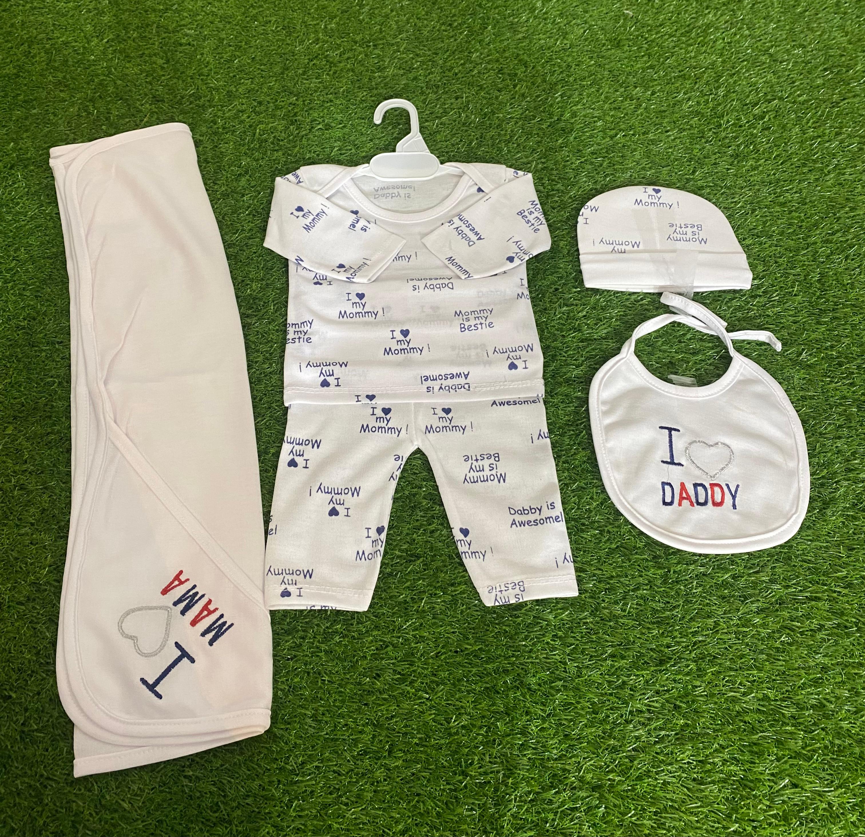 Newborn Baby 5 Pcs Starter Set – “I ❤️ Daddy & I ❤️ Mama”