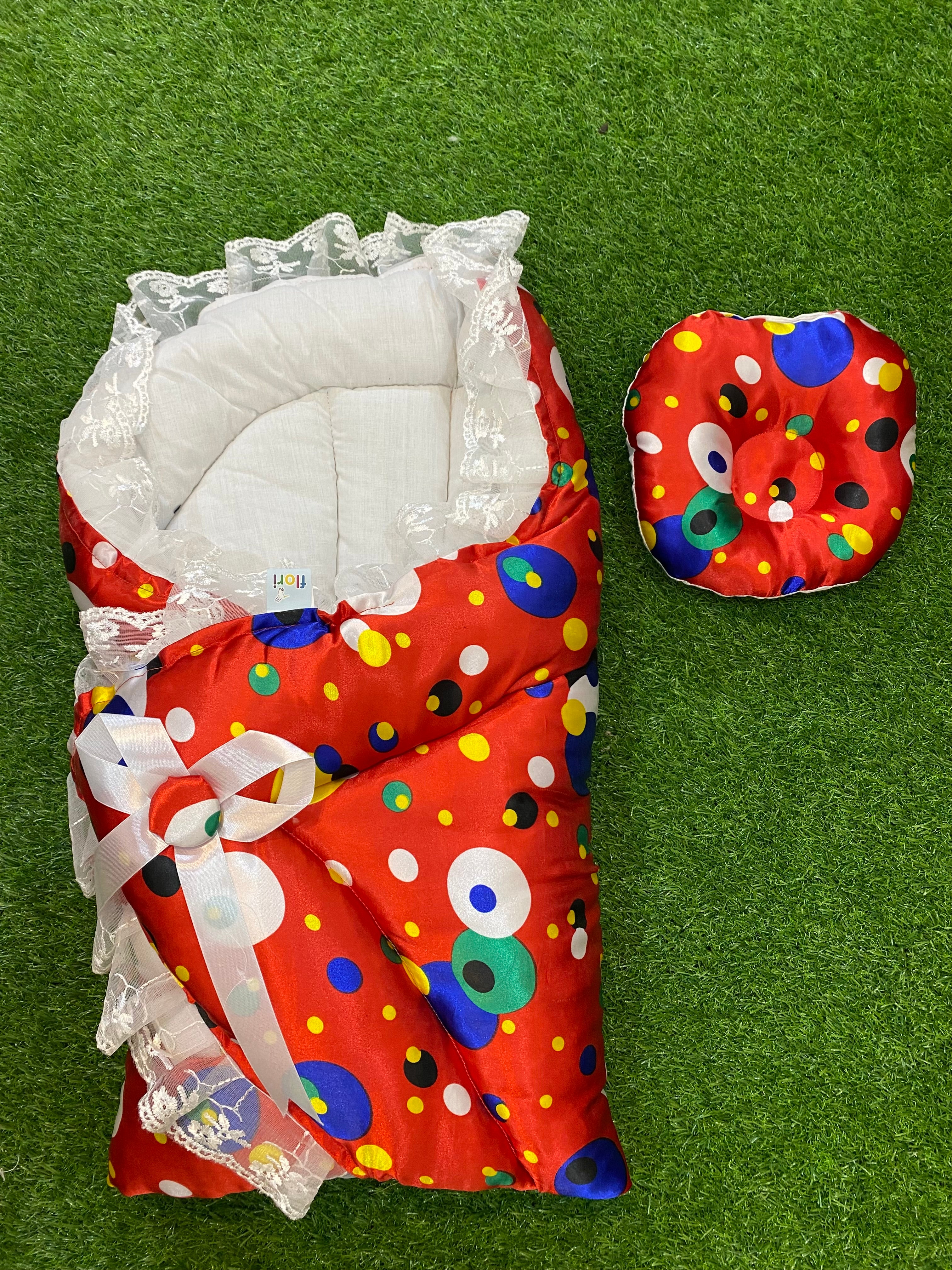 Newborn 2 Pcs Silk Baby Bed Set – Polka Dot Wrap & Pillow with Lace Detailing