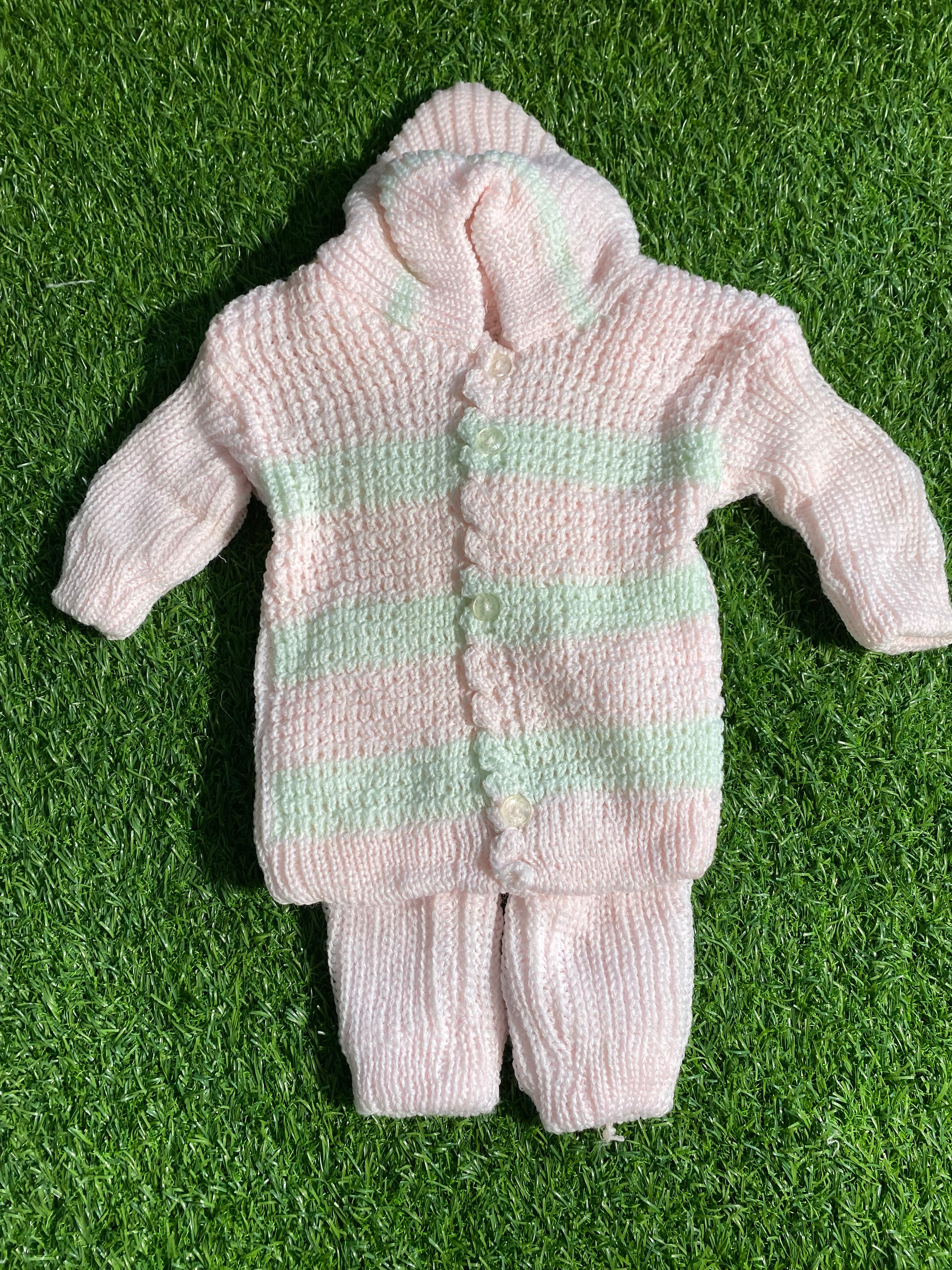 Handmade Knitted Baby Suit – 2 Pcs Hooded Sweater & Pajama (Peach & Blue Stripes) and multiple colors