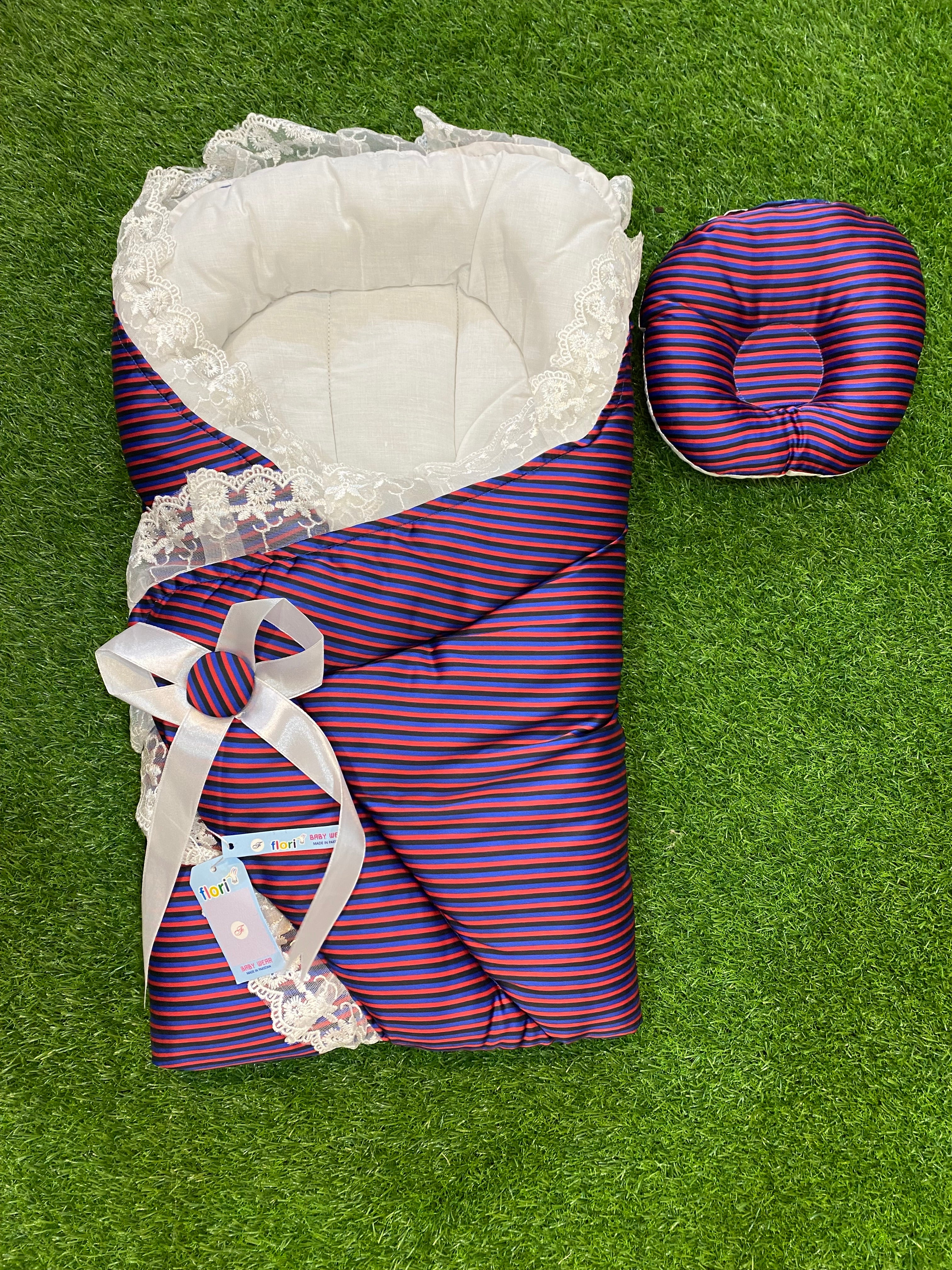 Newborn 2 Pcs Silk Baby Bed Set – Polka Dot Wrap & Pillow with Lace Detailing