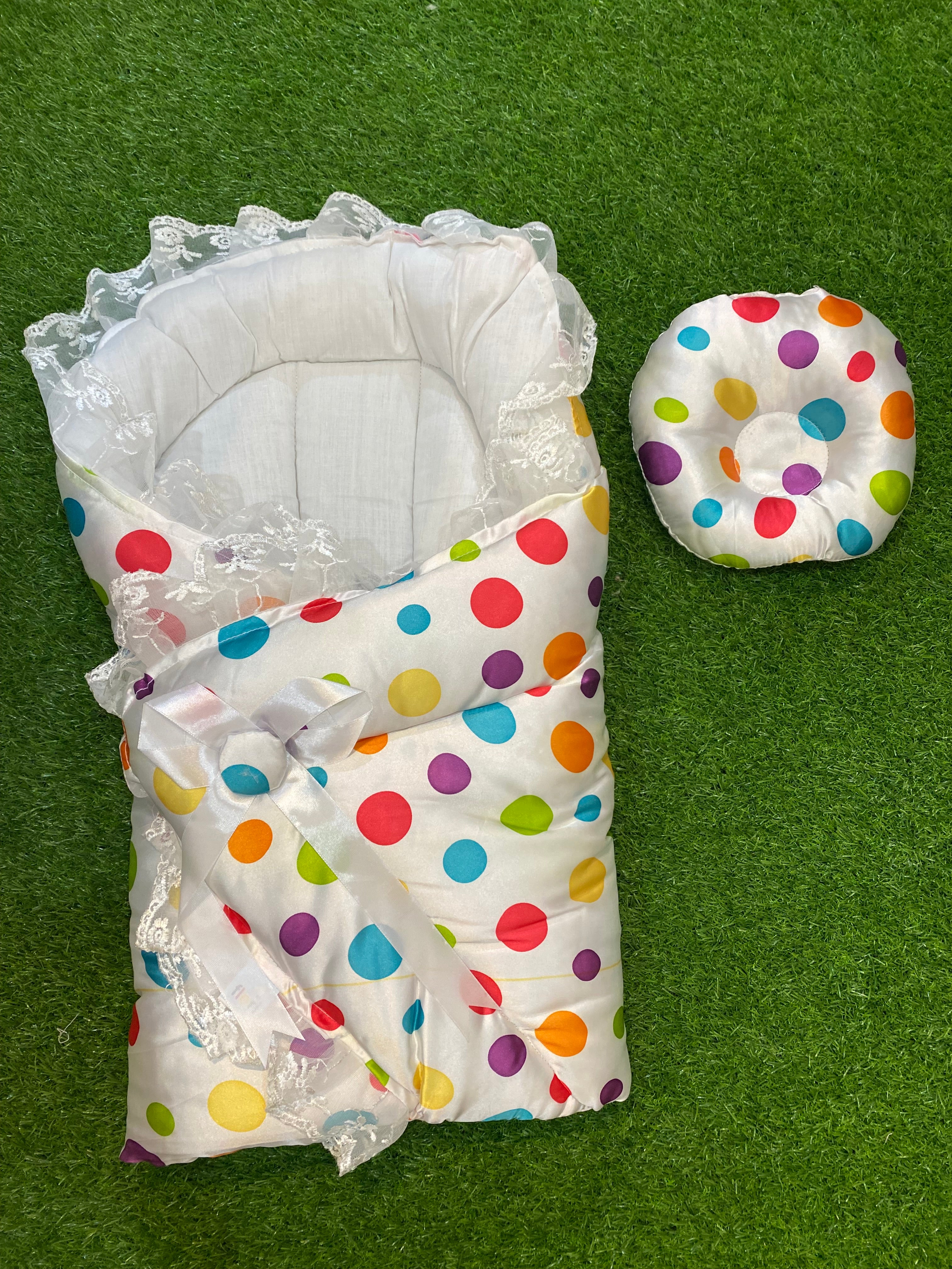 Newborn 2 Pcs Silk Baby Bed Set – Polka Dot Wrap & Pillow with Lace Detailing