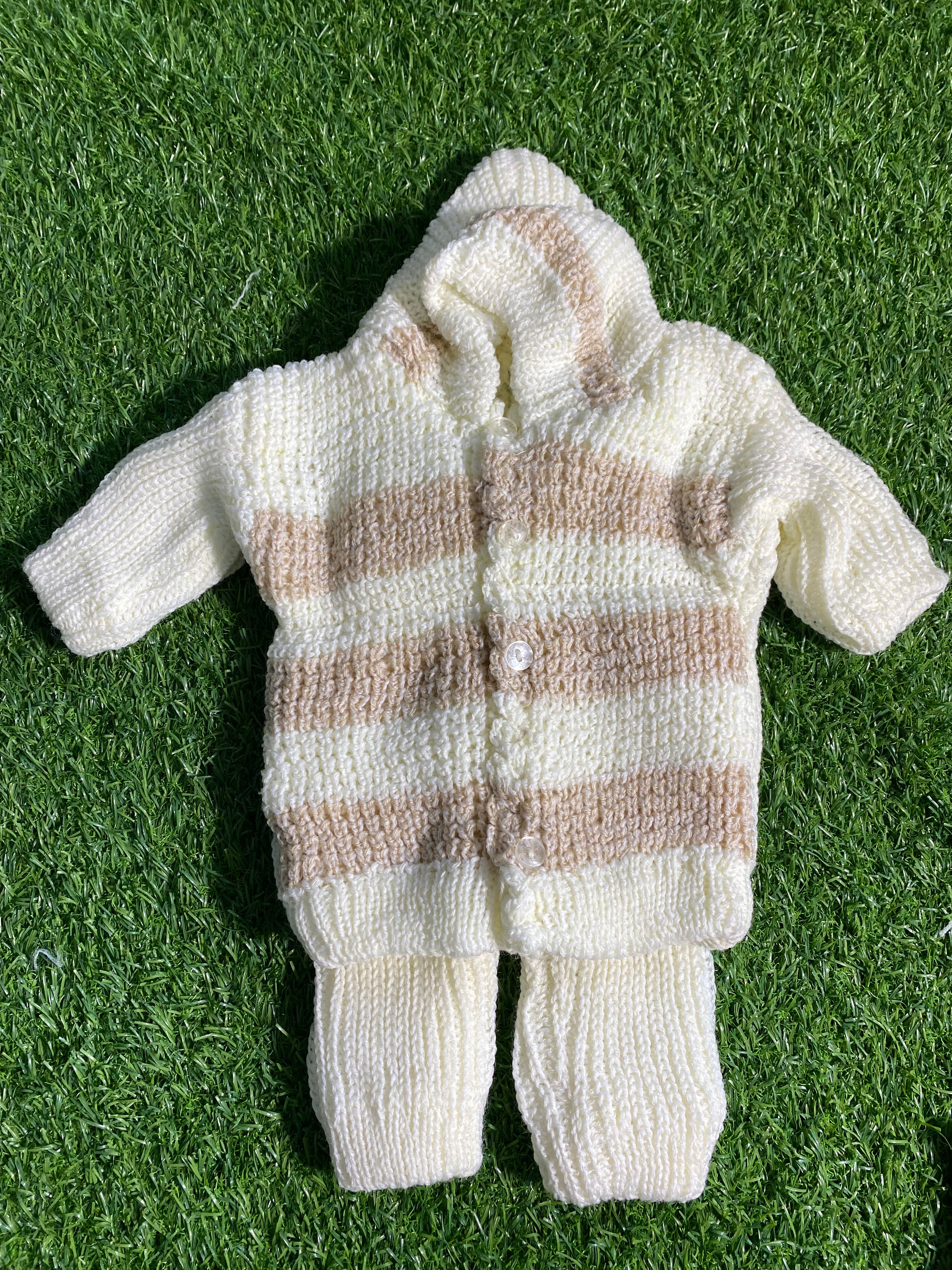 Handmade Knitted Baby Suit – 2 Pcs Hooded Sweater & Pajama (Peach & Blue Stripes) and multiple colors