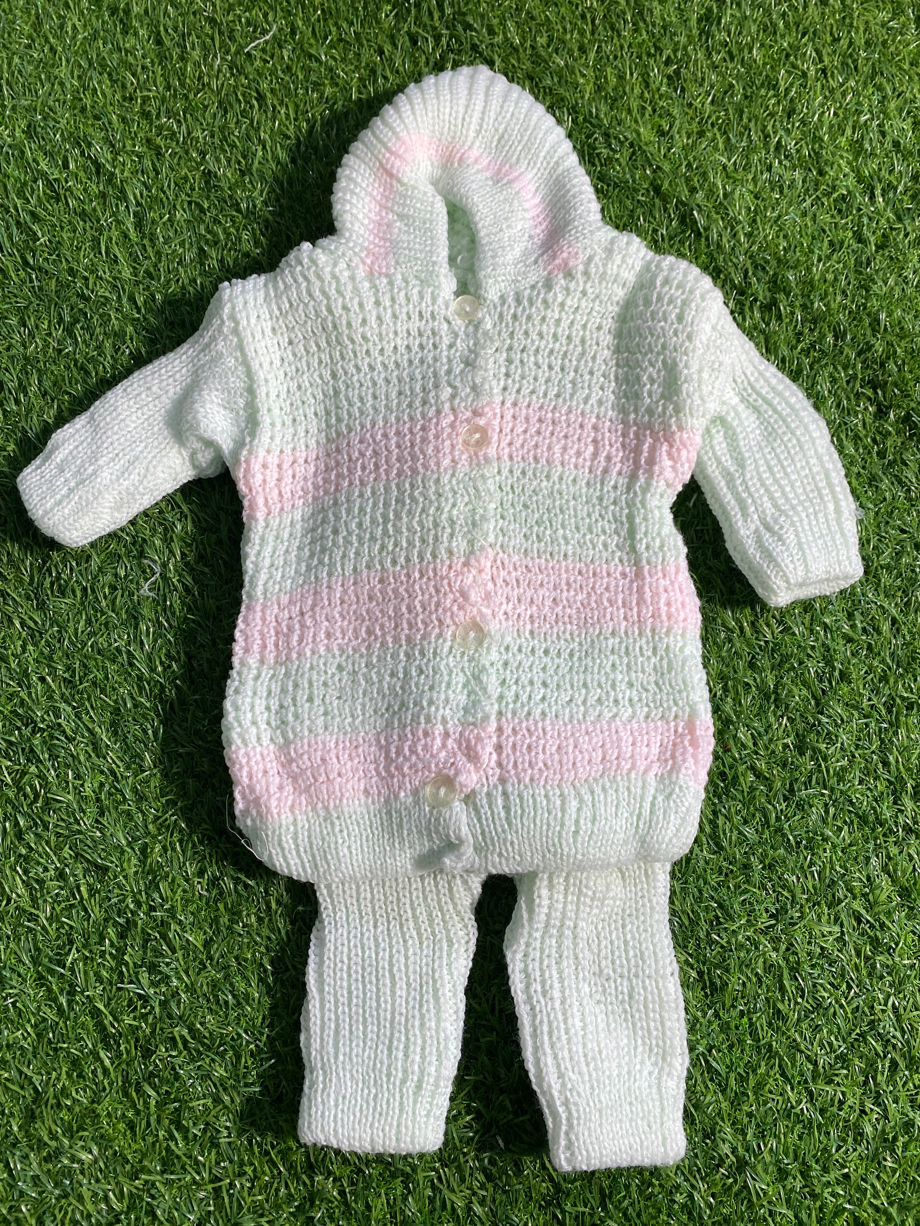 Handmade Knitted Baby Suit – 2 Pcs Hooded Sweater & Pajama (Peach & Blue Stripes) and multiple colors