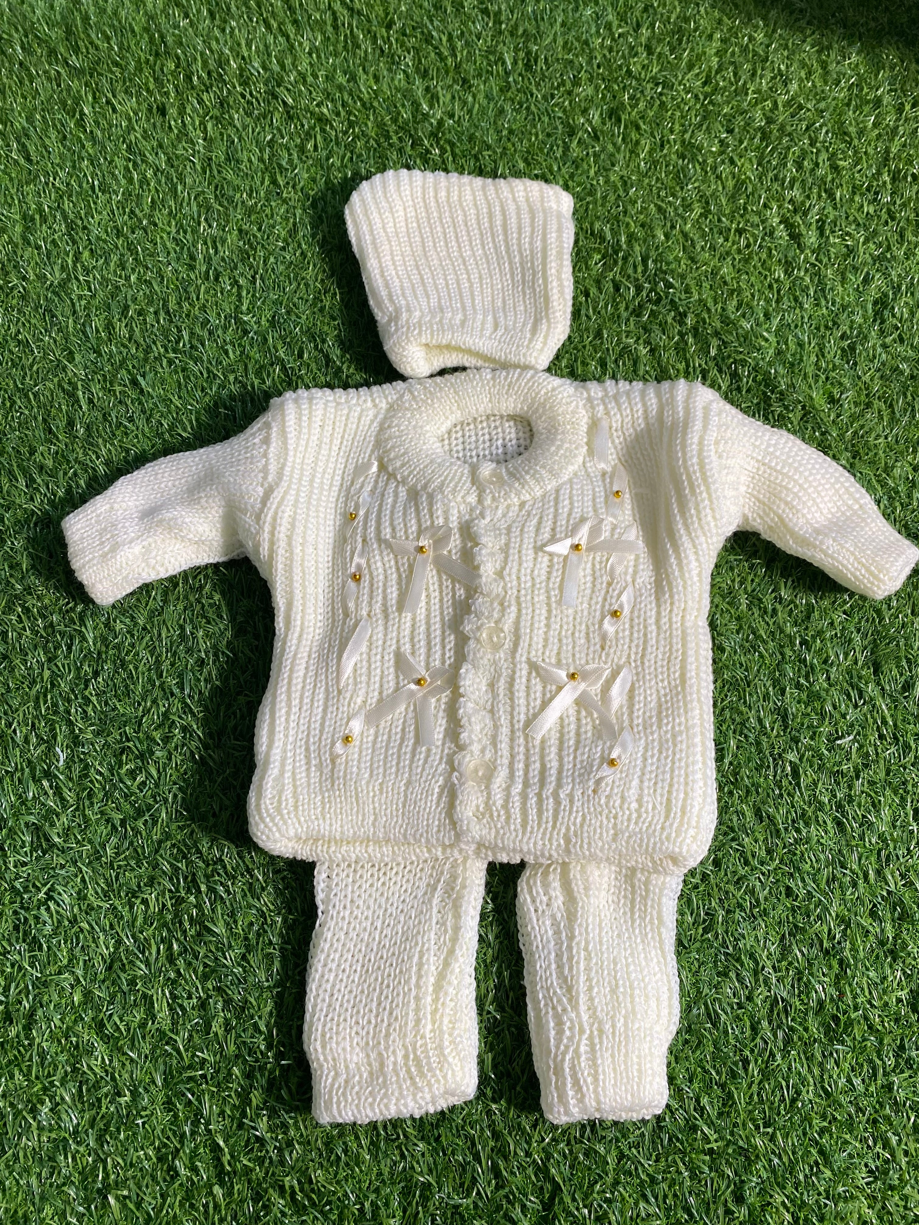 Handmade Knitted Baby Suit – 2 Pcs Hooded Sweater & Pajama (Peach & Blue Stripes) and multiple colors