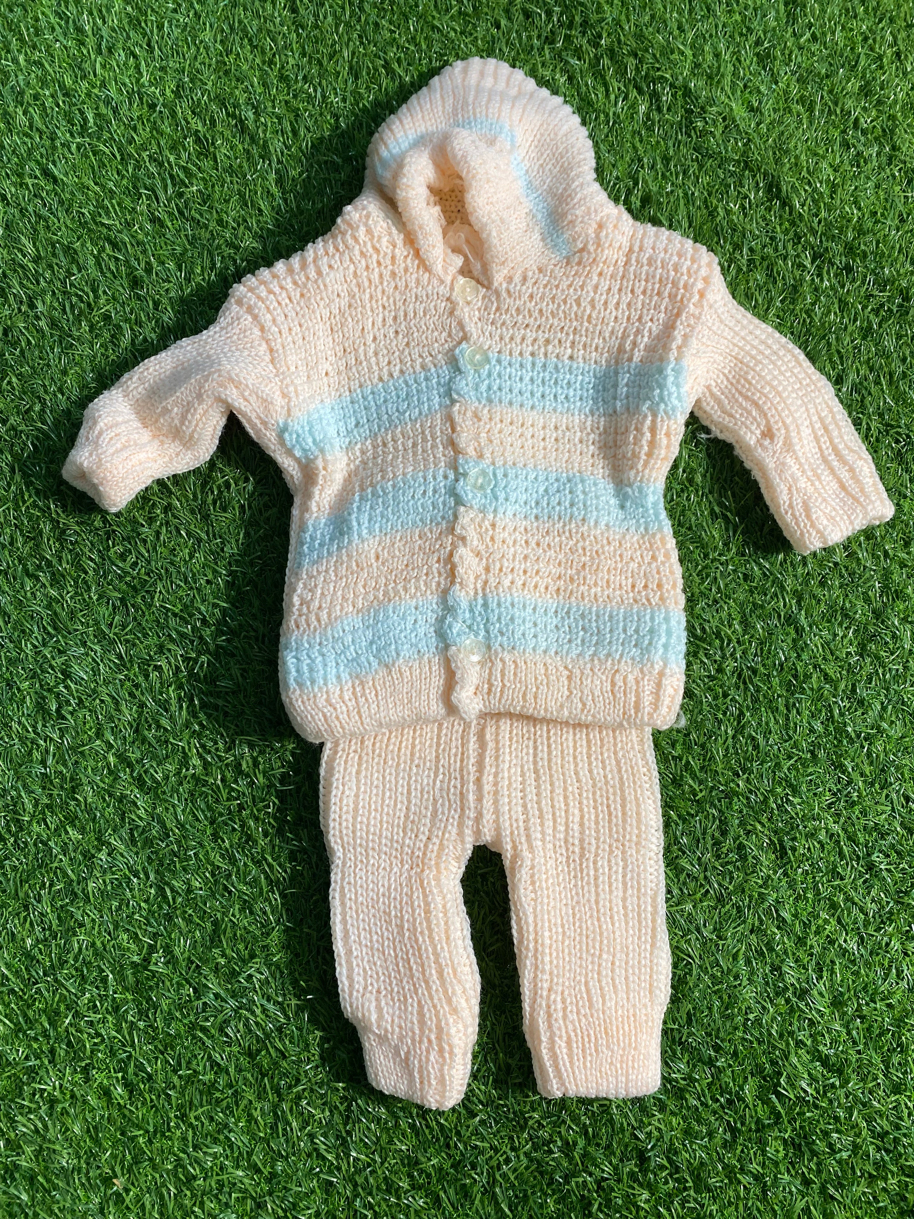 Handmade Knitted Baby Suit – 2 Pcs Hooded Sweater & Pajama (Peach & Blue Stripes) and multiple colors