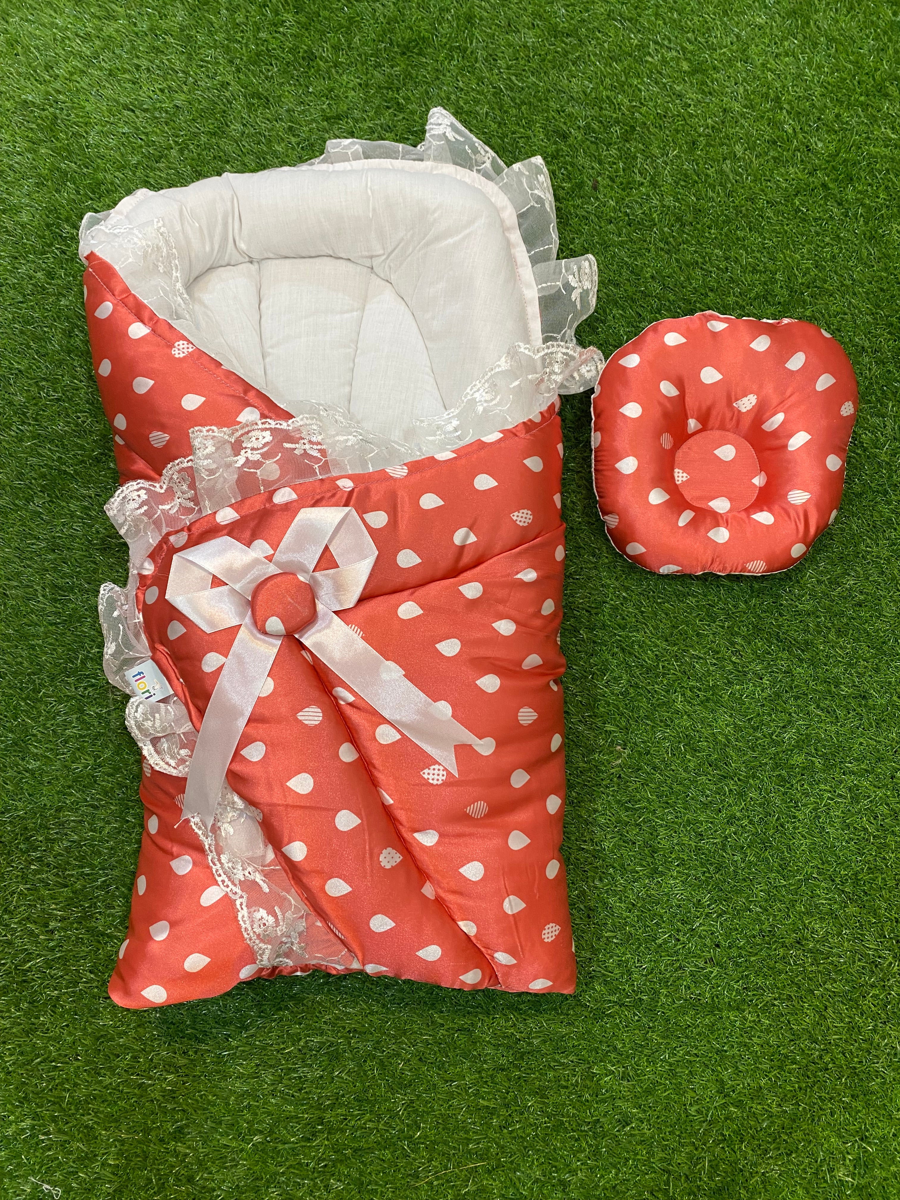 Newborn 2 Pcs Silk Baby Bed Set – Polka Dot Wrap & Pillow with Lace Detailing