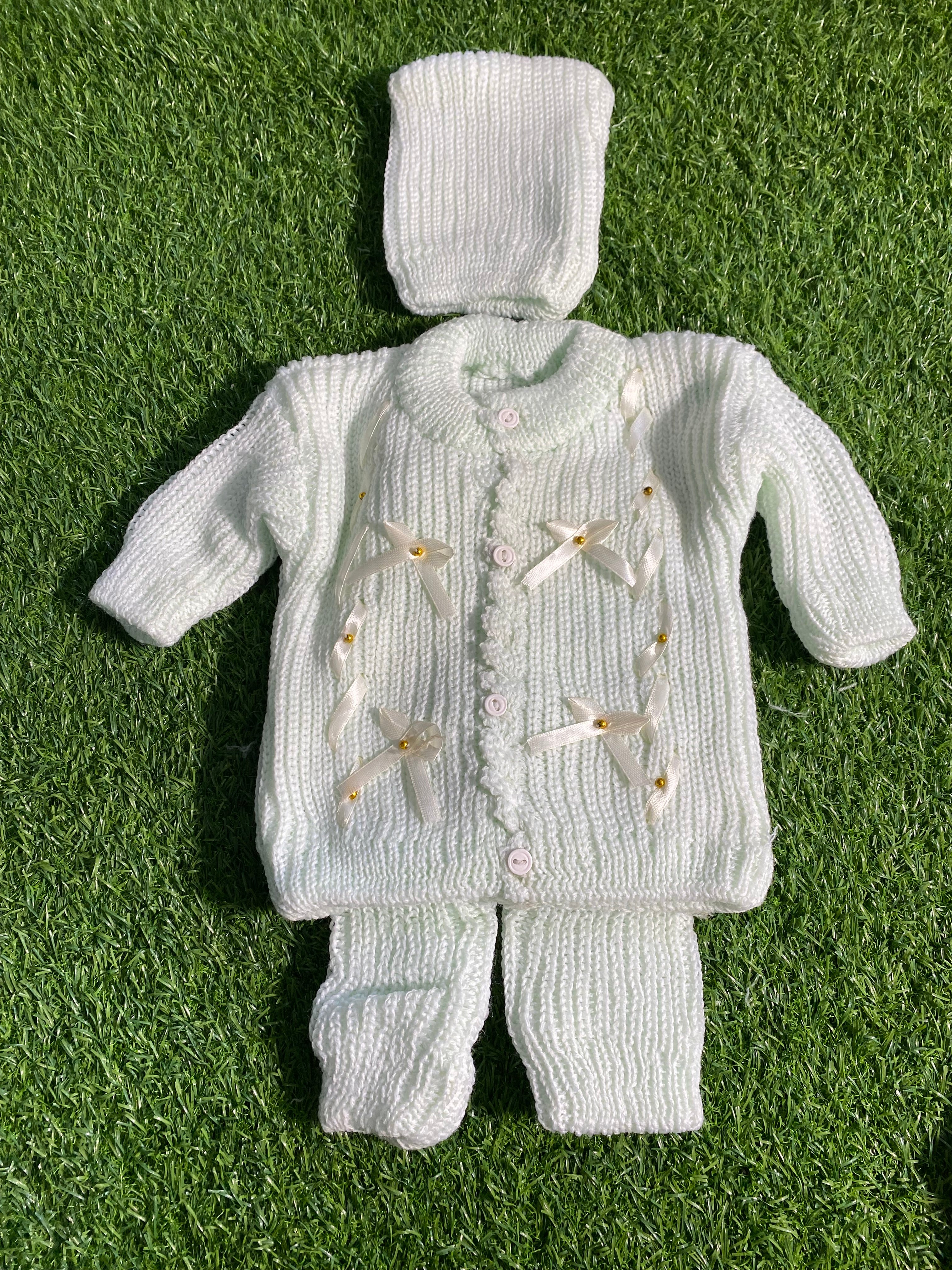 Handmade Knitted Baby Suit – 2 Pcs Hooded Sweater & Pajama (Peach & Blue Stripes) and multiple colors