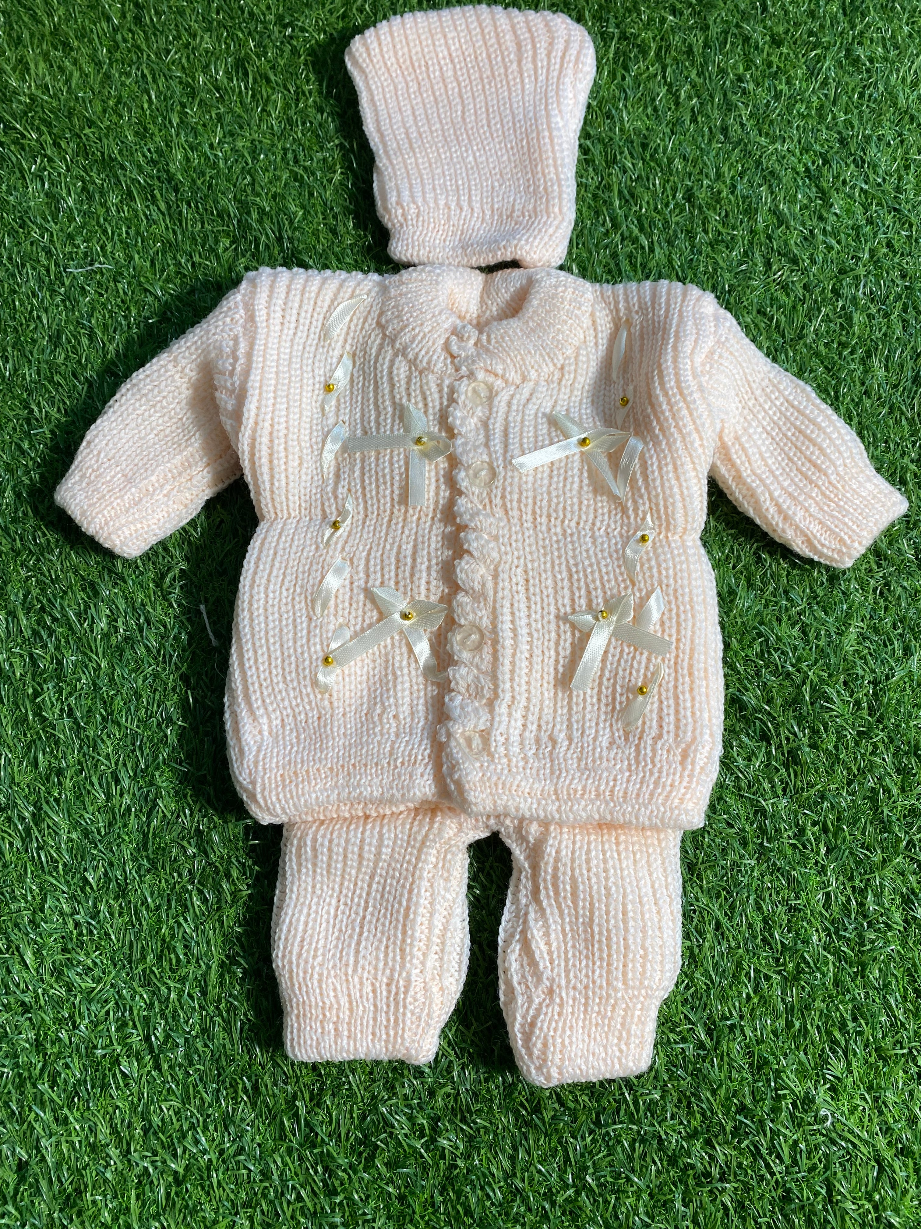 Handmade Knitted Baby Suit – 2 Pcs Hooded Sweater & Pajama (Peach & Blue Stripes) and multiple colors