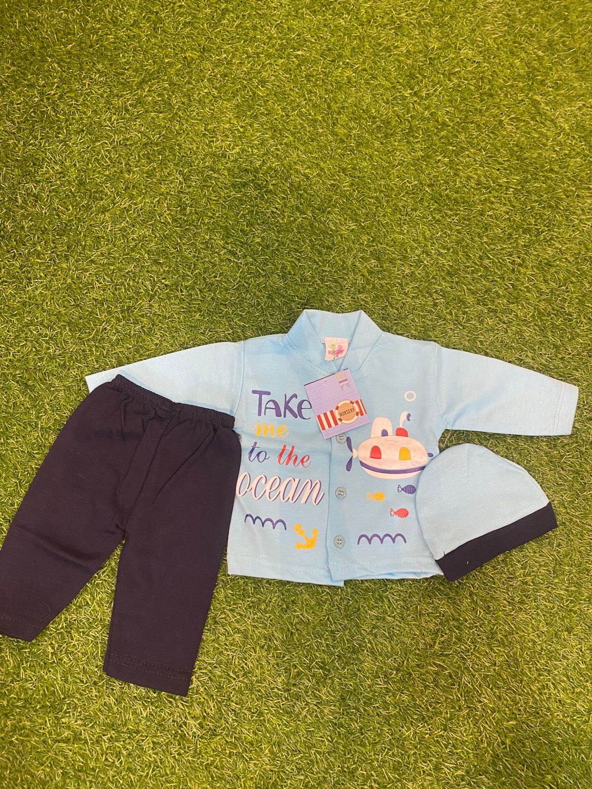 Newborn Baby 0 to 3months Boy Boat-Themed Outfit Set with Hat - Toddler Shirt, Pants & Beanie, Navy Blue & White and multiple colors