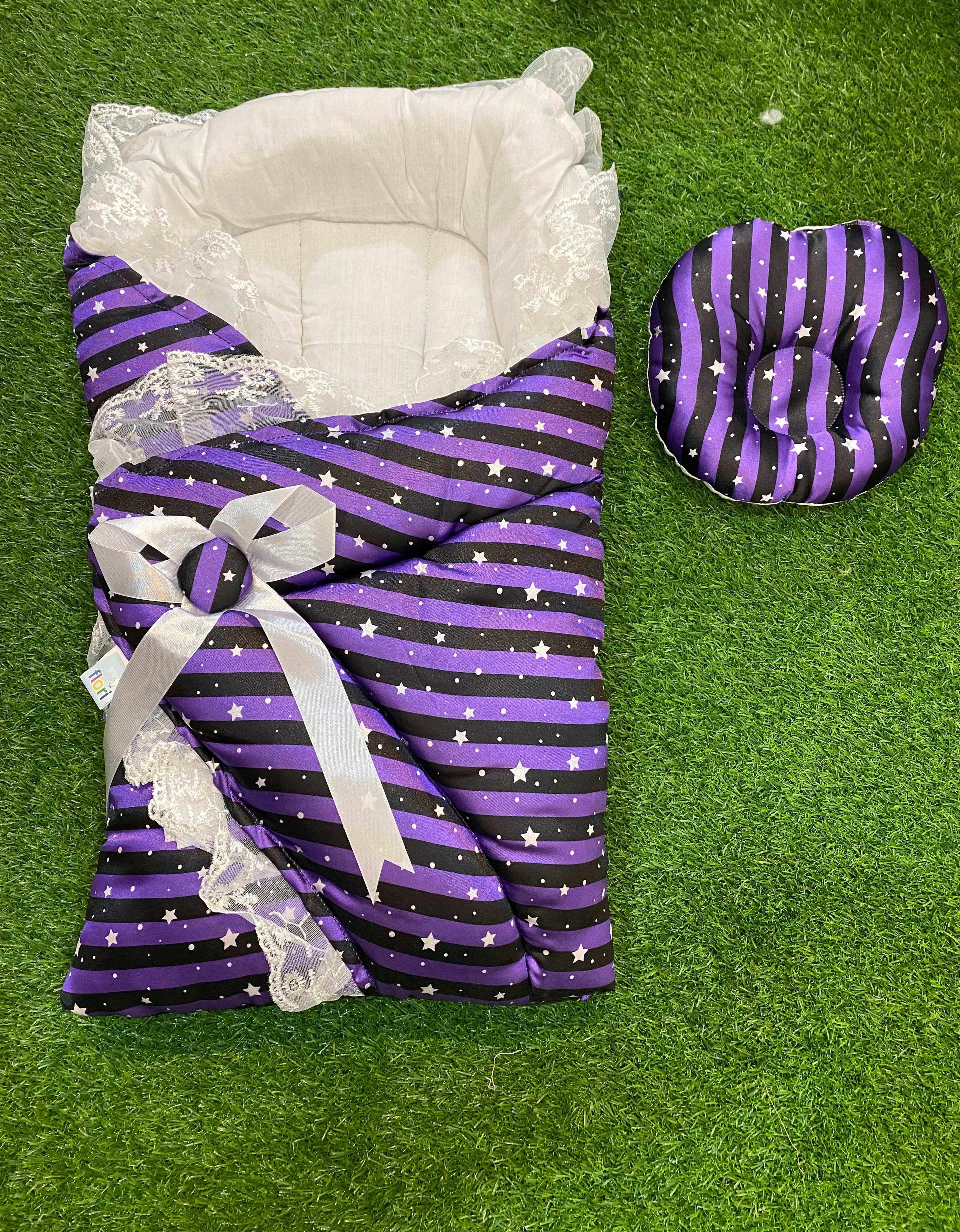 Newborn 2 Pcs Silk Baby Bed Set – Polka Dot Wrap & Pillow with Lace Detailing