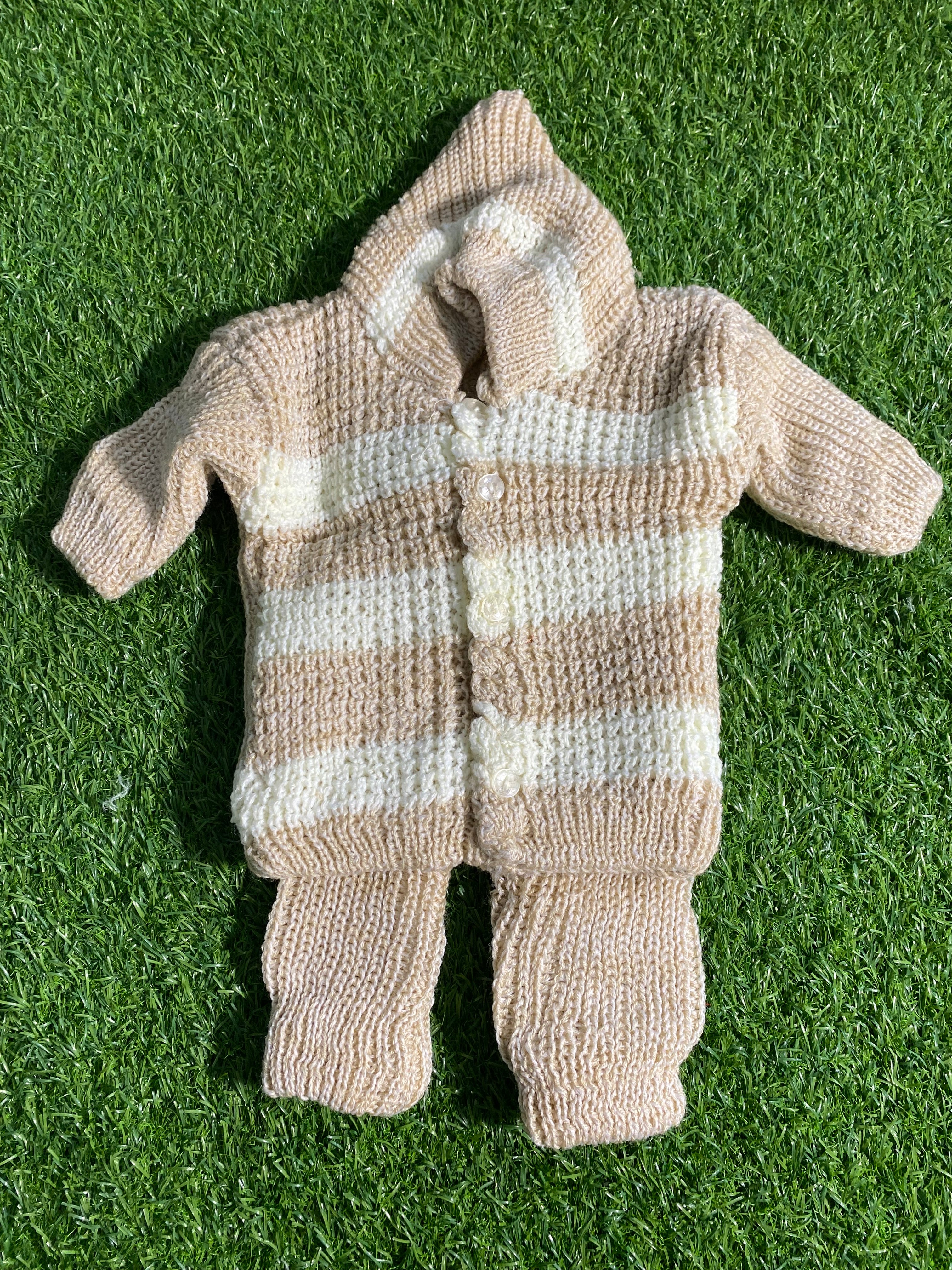 Handmade Knitted Baby Suit – 2 Pcs Hooded Sweater & Pajama (Peach & Blue Stripes) and multiple colors
