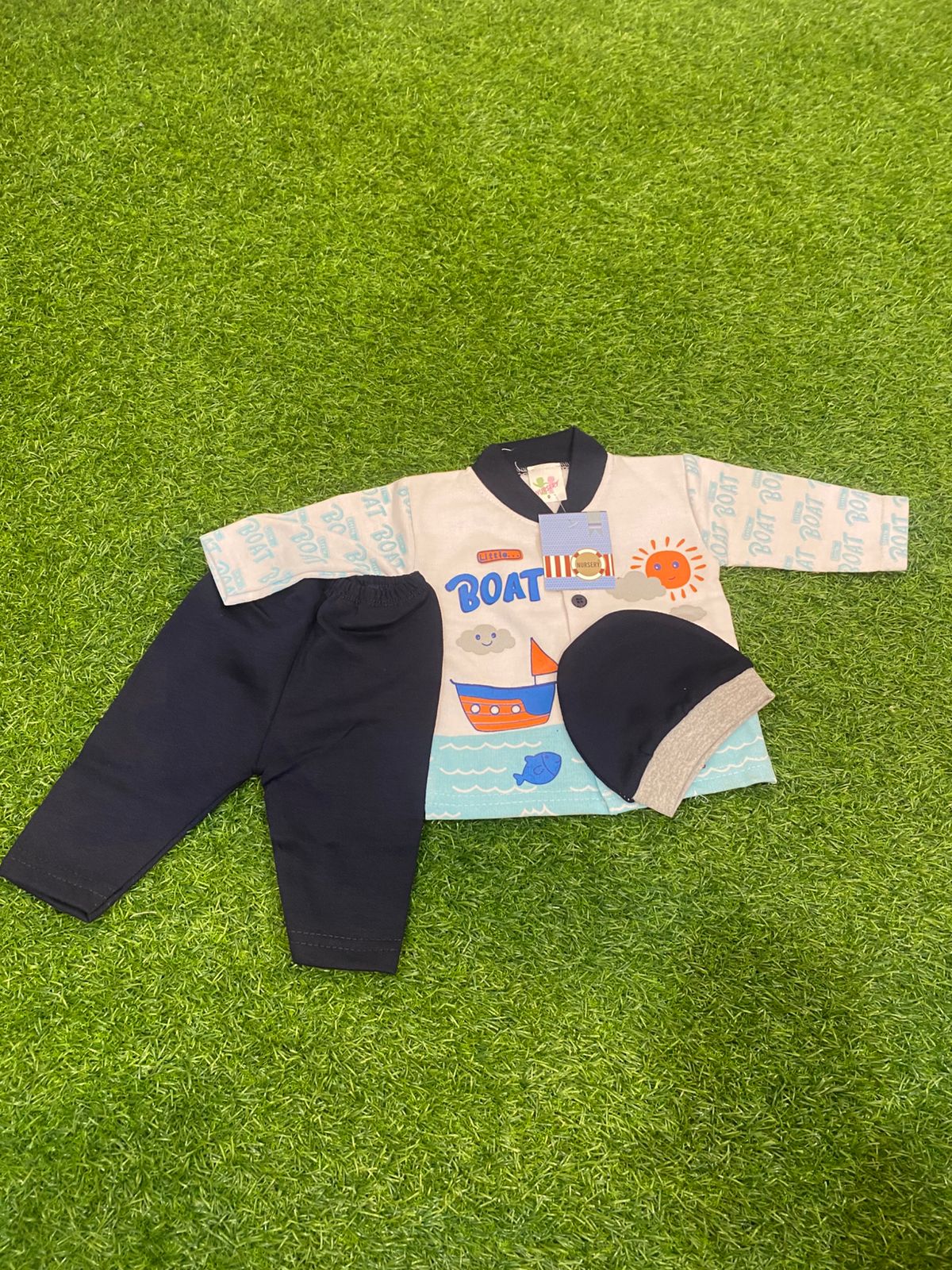 Newborn Baby 0 to 3months Boy Boat-Themed Outfit Set with Hat - Toddler Shirt, Pants & Beanie, Navy Blue & White and multiple colors