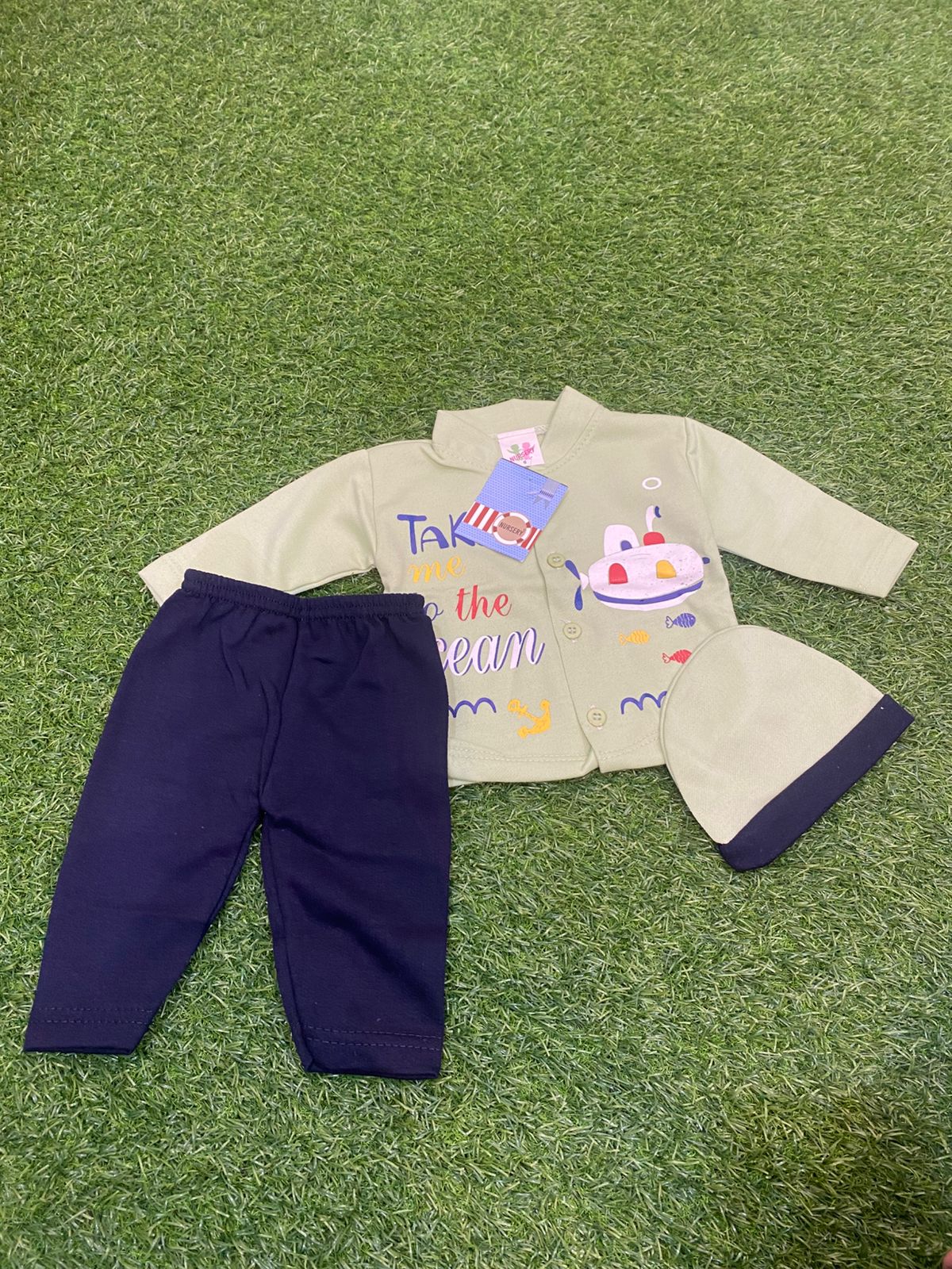 Newborn Baby 0 to 3months Boy Boat-Themed Outfit Set with Hat - Toddler Shirt, Pants & Beanie, Navy Blue & White and multiple colors