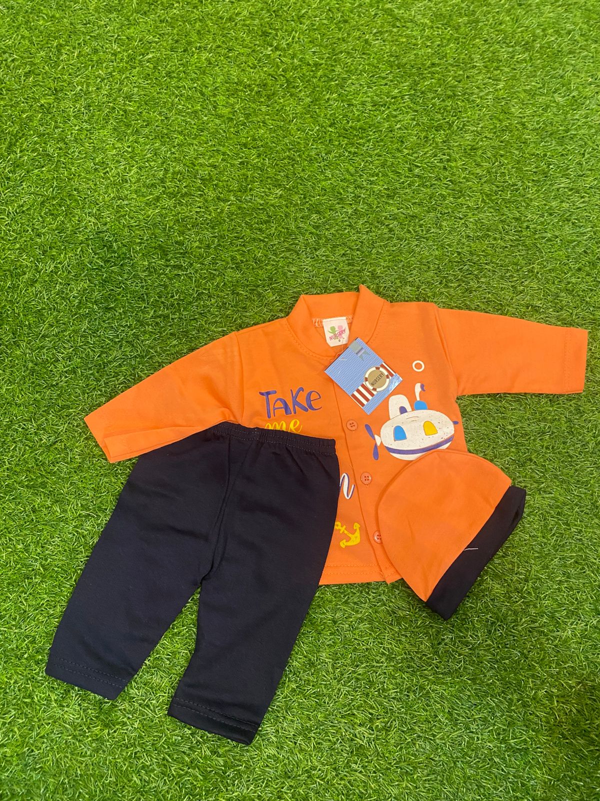 Newborn Baby 0 to 3months Boy Boat-Themed Outfit Set with Hat - Toddler Shirt, Pants & Beanie, Navy Blue & White and multiple colors