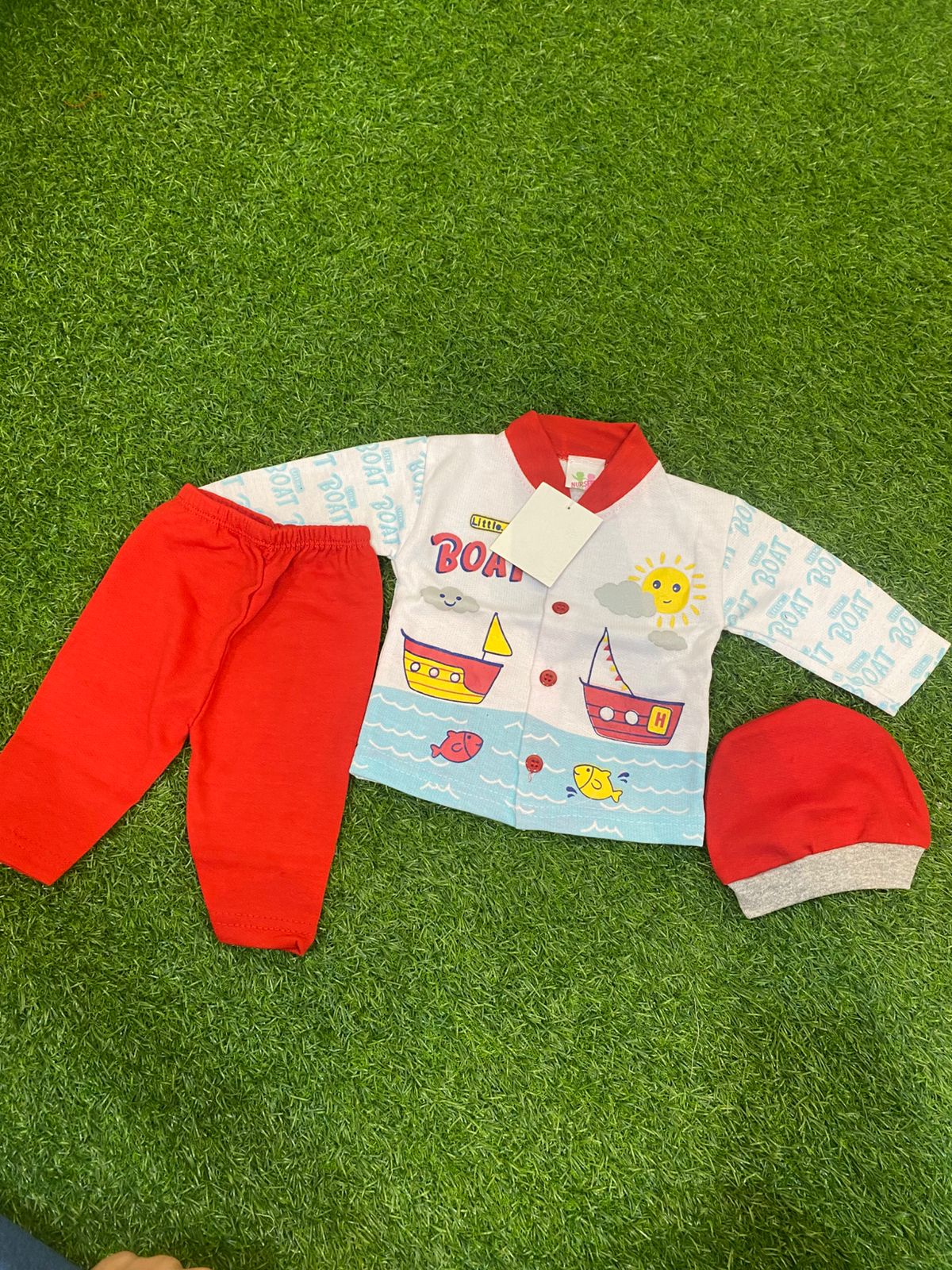 Newborn Baby 0 to 3months Boy Boat-Themed Outfit Set with Hat - Toddler Shirt, Pants & Beanie, Navy Blue & White and multiple colors